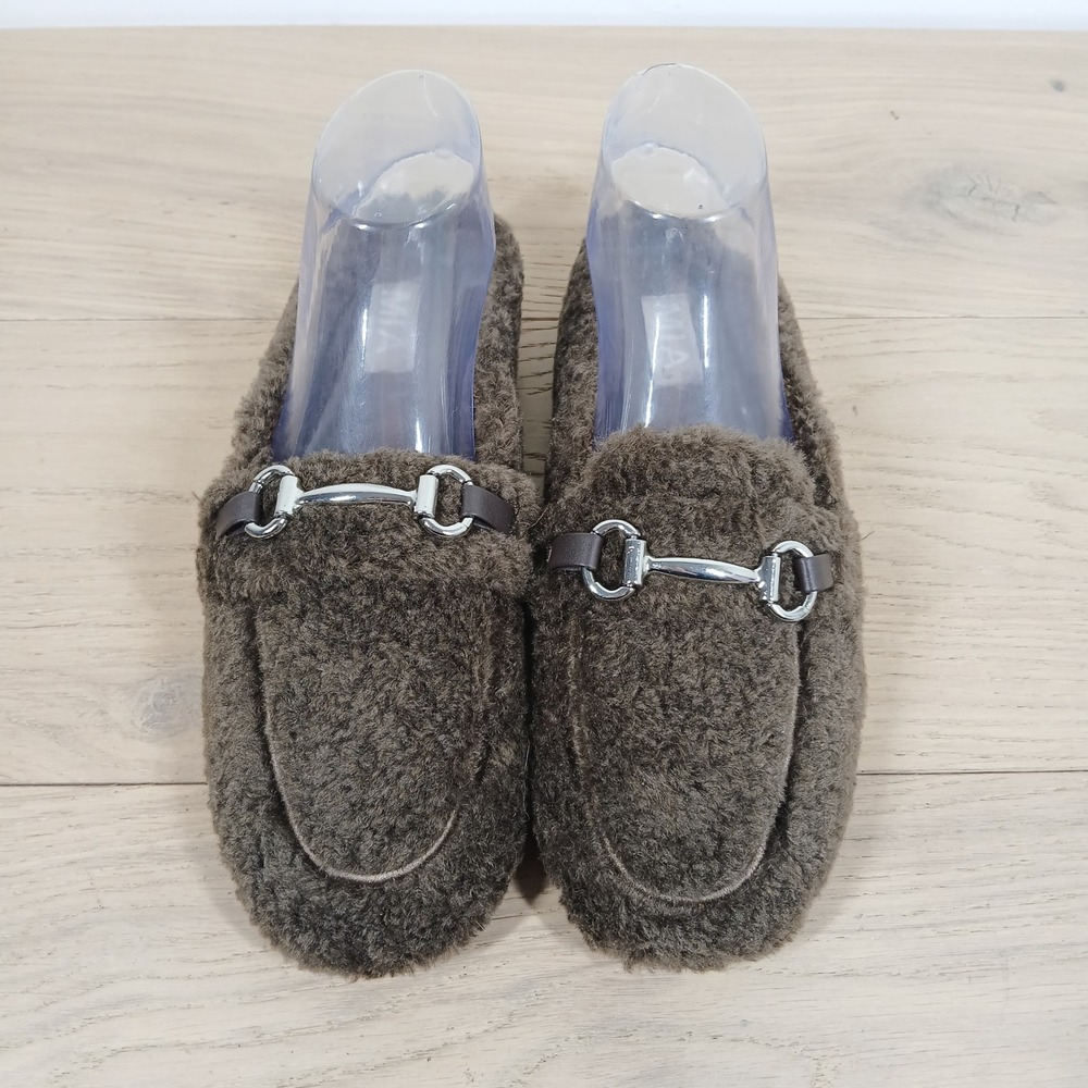 MIA Women's Brown Fuzzy Mule Loafers with Silver Hardware